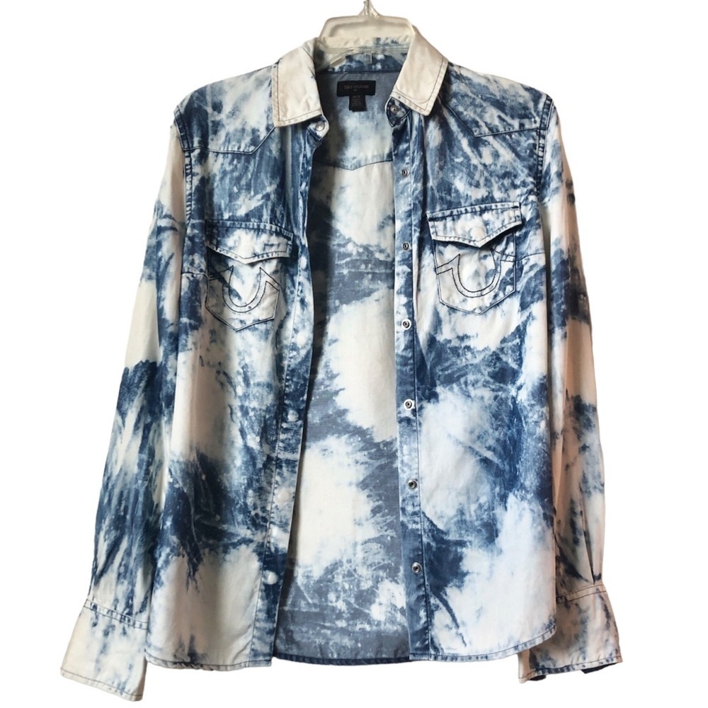 Rare True Religion Indigo Navy Tie-Dye Button Down Georgia Shirt Snap Closure XS